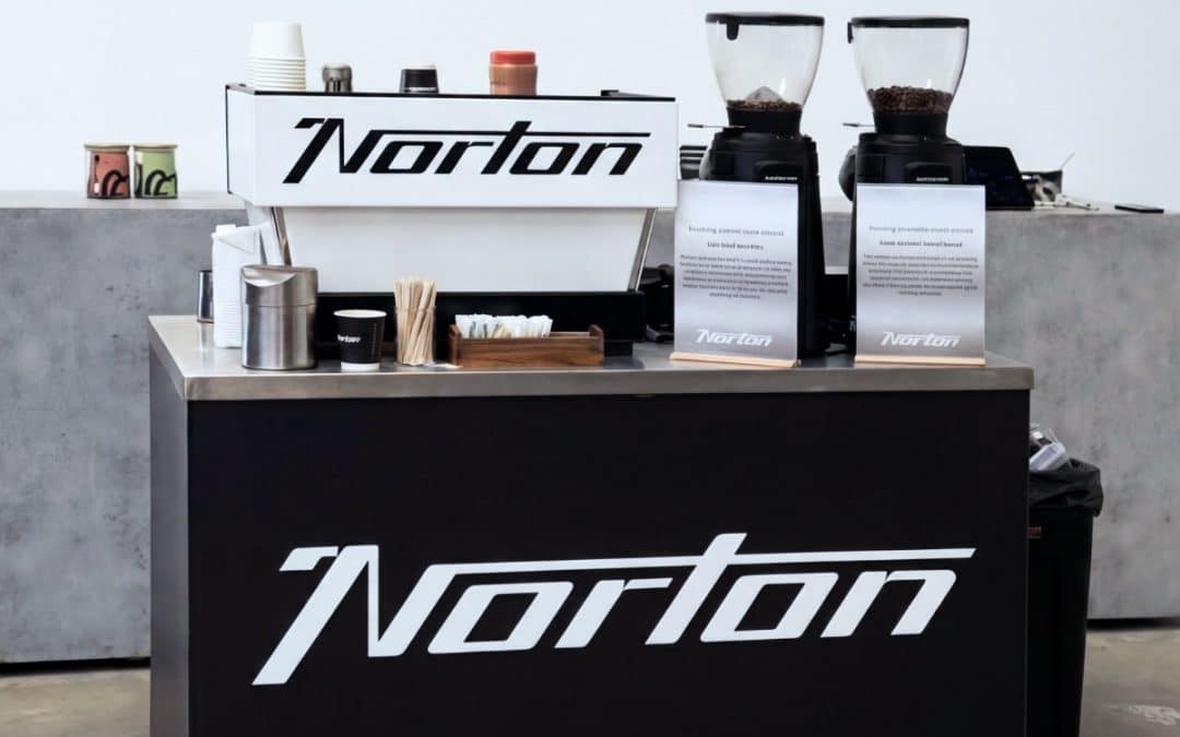 Norton branded mobile coffee bar and coffee machine for showroom launch